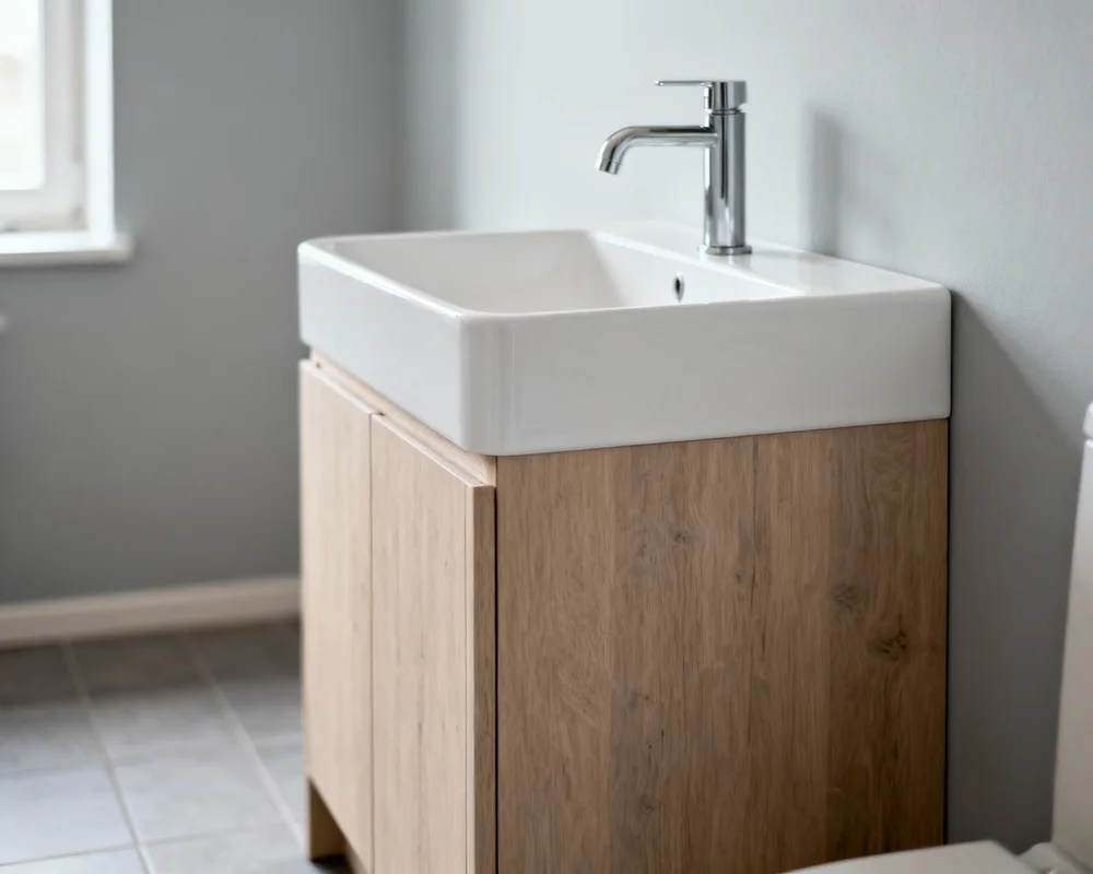 Familjebadrum med handfat på olika höjder för vuxna och barn