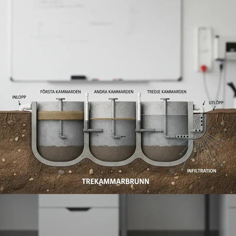 Tvärsnitt av trekammarbrunn som visar vattenflödet genom tre separata kammare