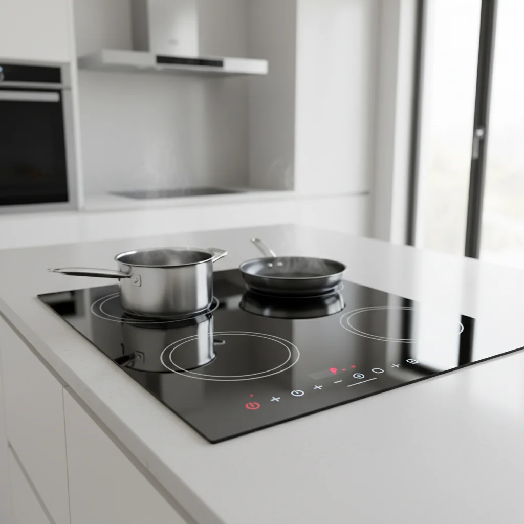 Modern induktionshäll i kök med touch-kontroller och flexzoner