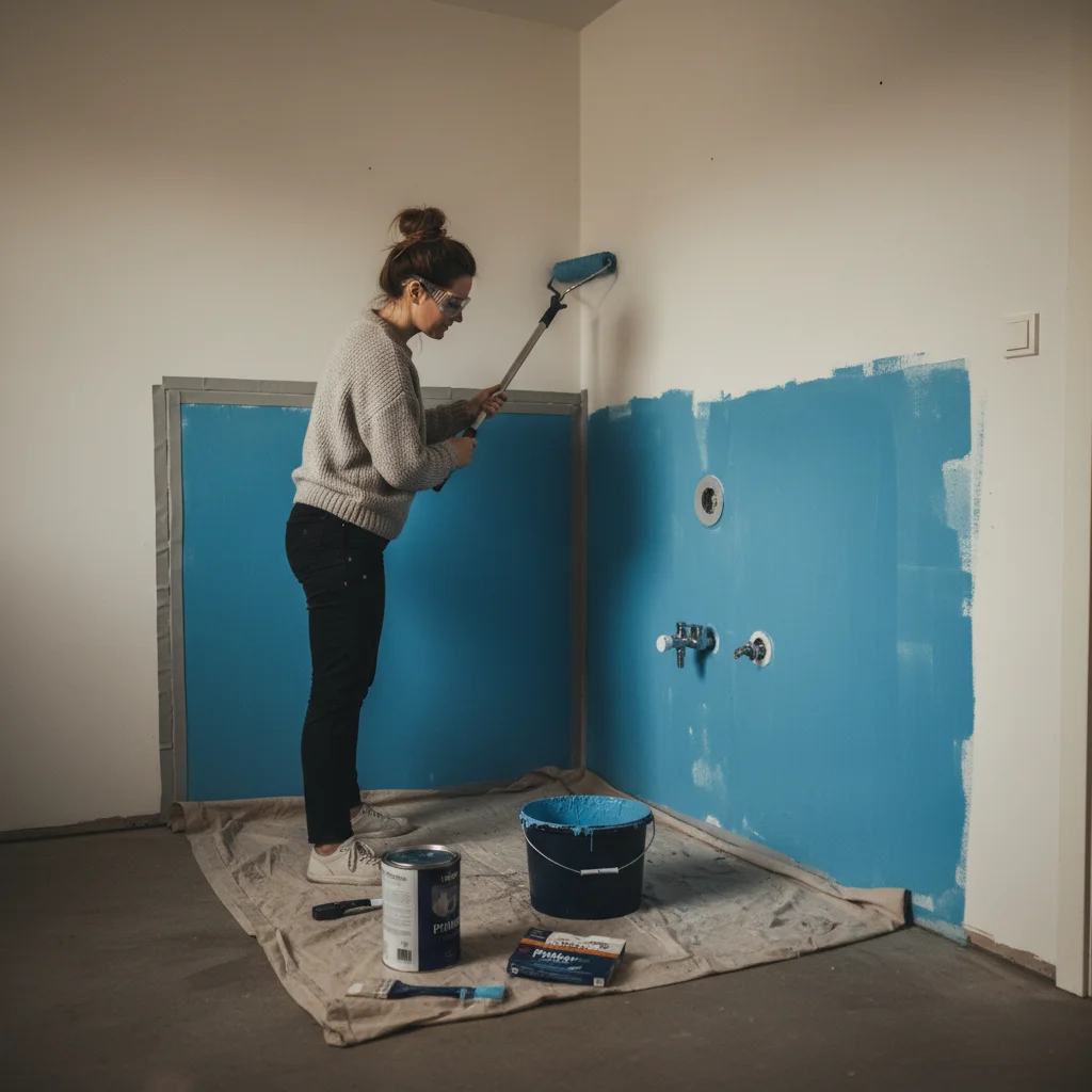 Modernt vitt innertak i badrum med infällda spotlights