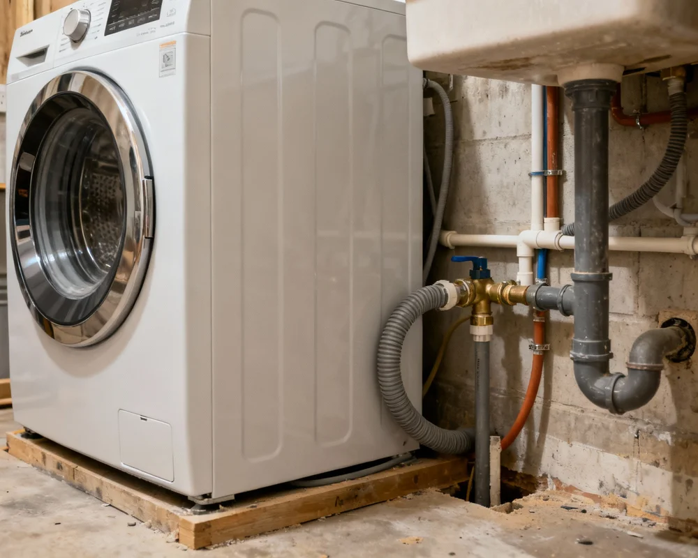 Person installerar tvättmaskin i svensk tvättstuga