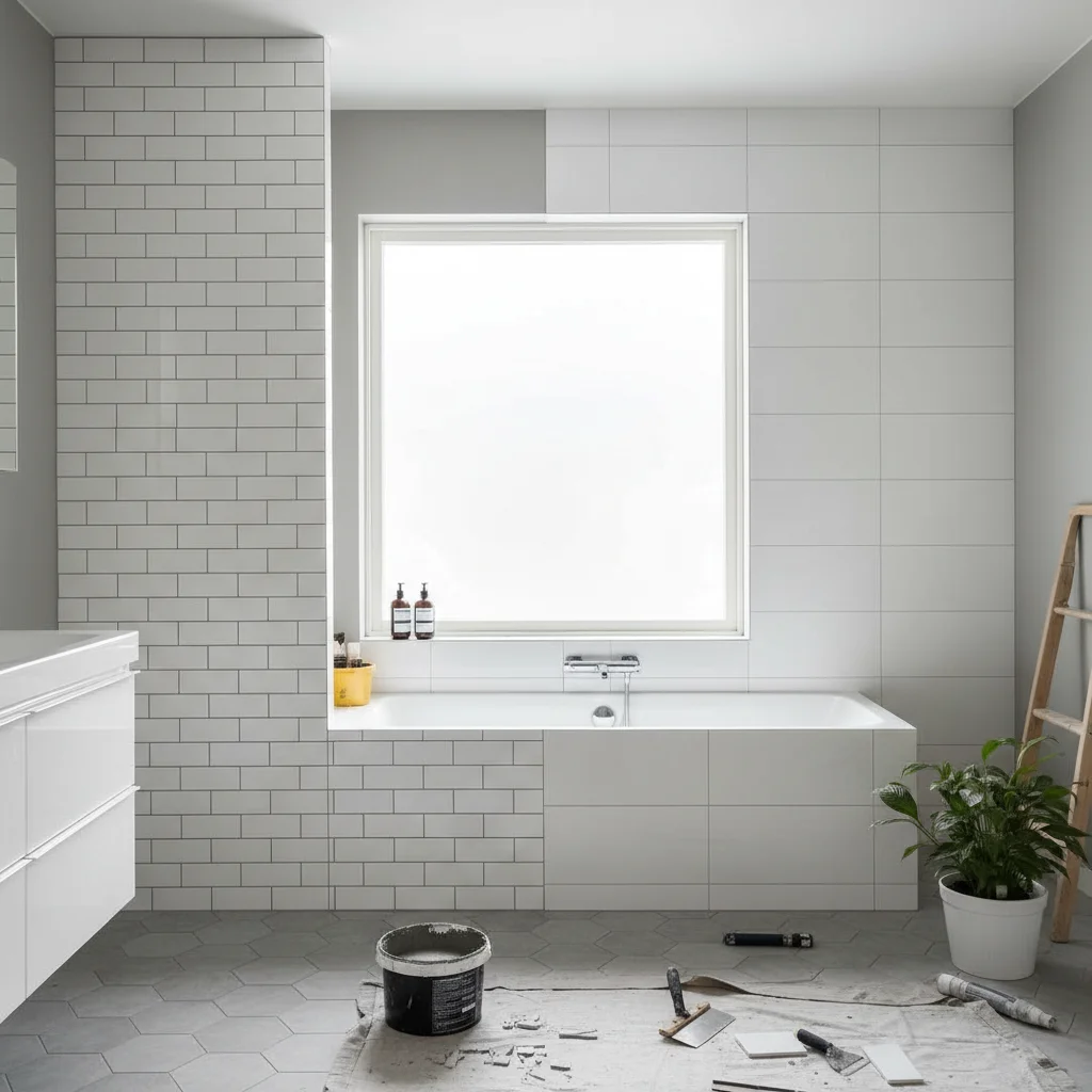 Kakelmönster halvförband och rakt förband i badrum