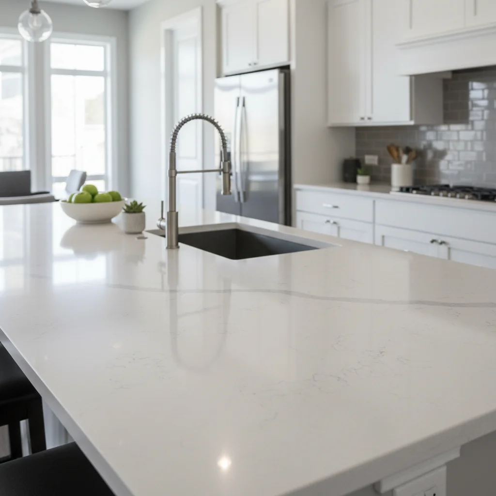 Modern köksbänkskiva i vit kompositsten med integrerad diskho