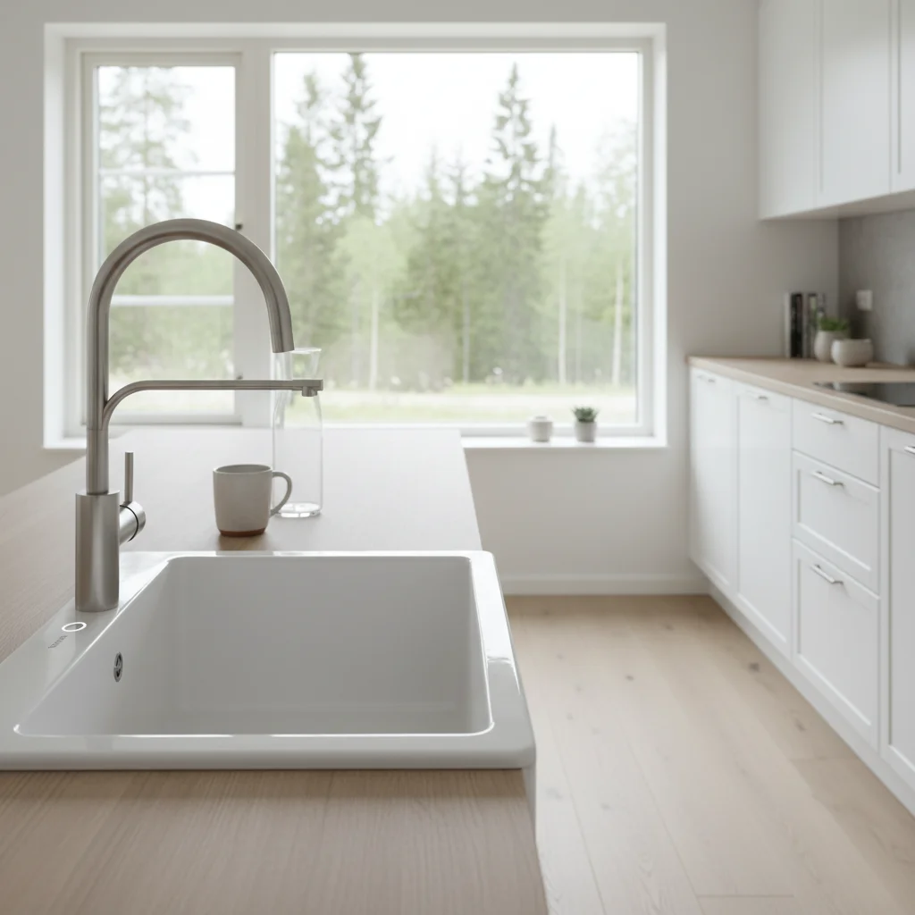 Modern köksblandare i krom med hög svängbar pip monterad på en vit diskbänk