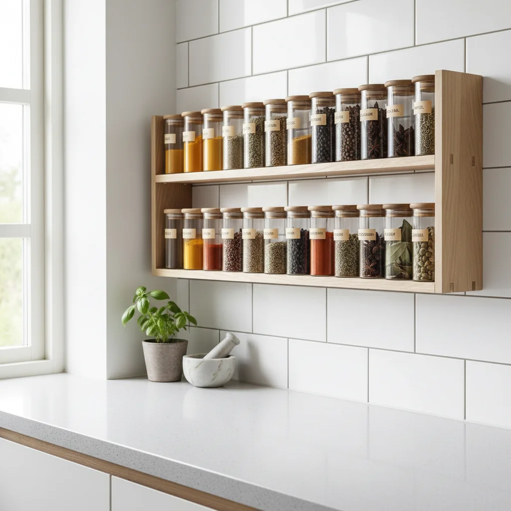 Organiserad kryddhylla med glasburkar och tydliga etiketter i ett modernt kök