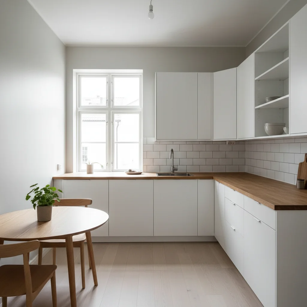 Elegant svenskt kök efter renovering med vita luckor och naturlig träbänkskiva som visar kvalitet värd investeringen