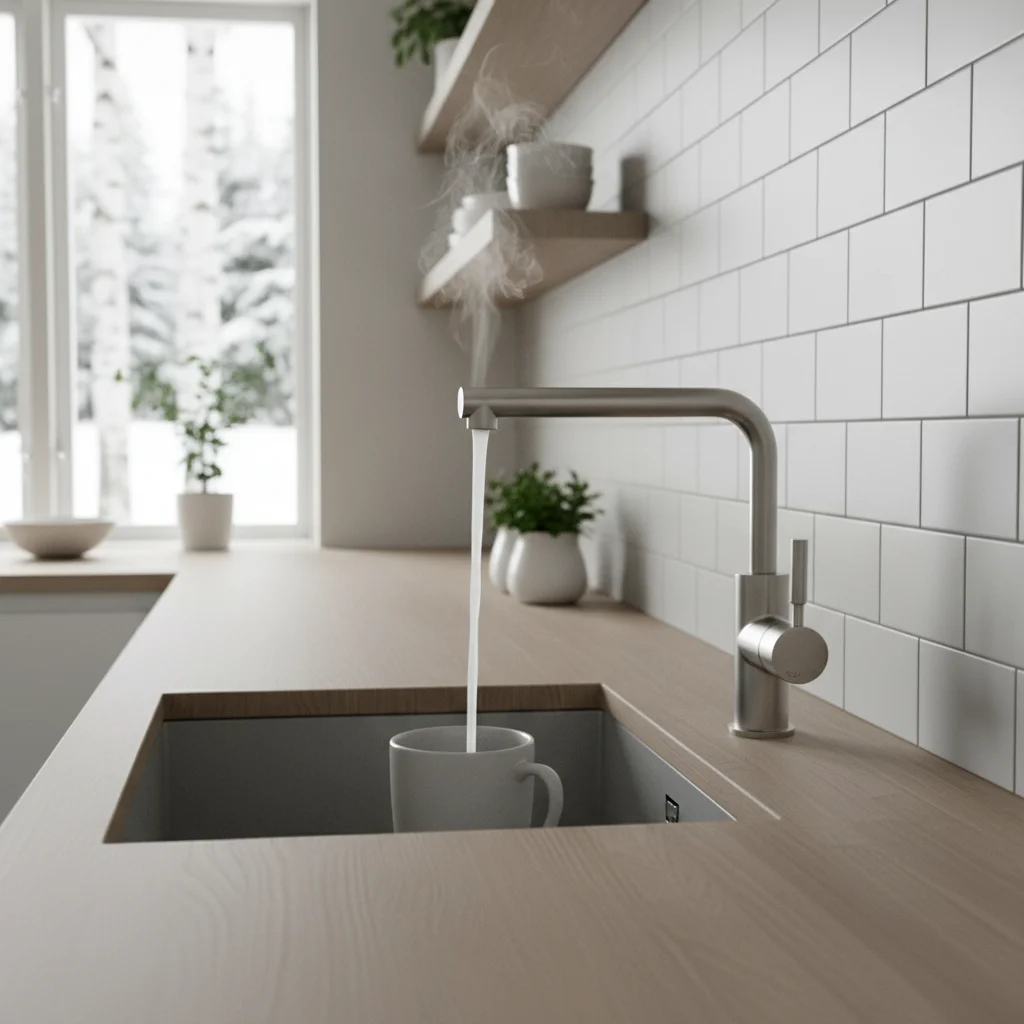 Modern kran med kokande vatten i svenskt kök med Quooker-system