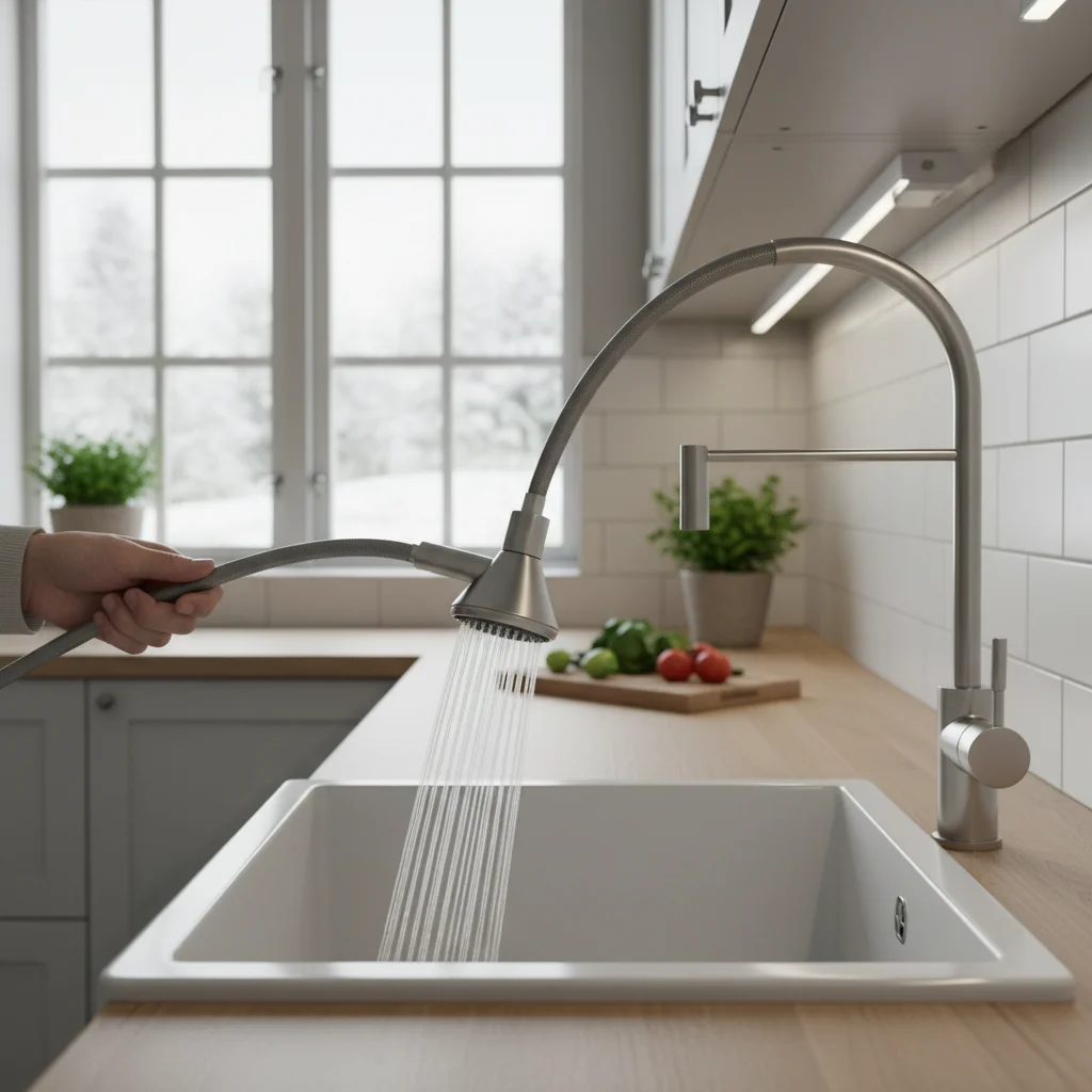 Modern utdragbar köksblandare i svenskt kök med utdragen slang