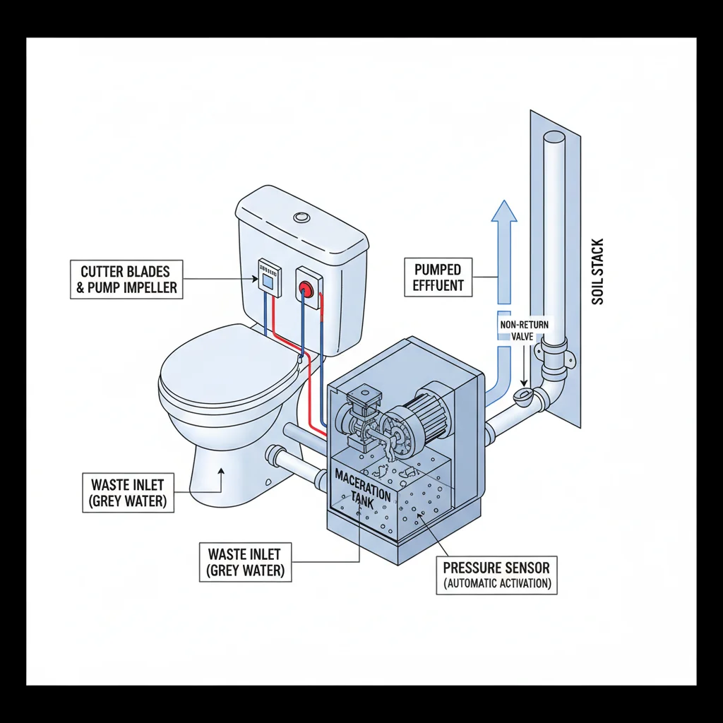 Diagram över kvarntoalettens funktion med motor och kvarnanordning
