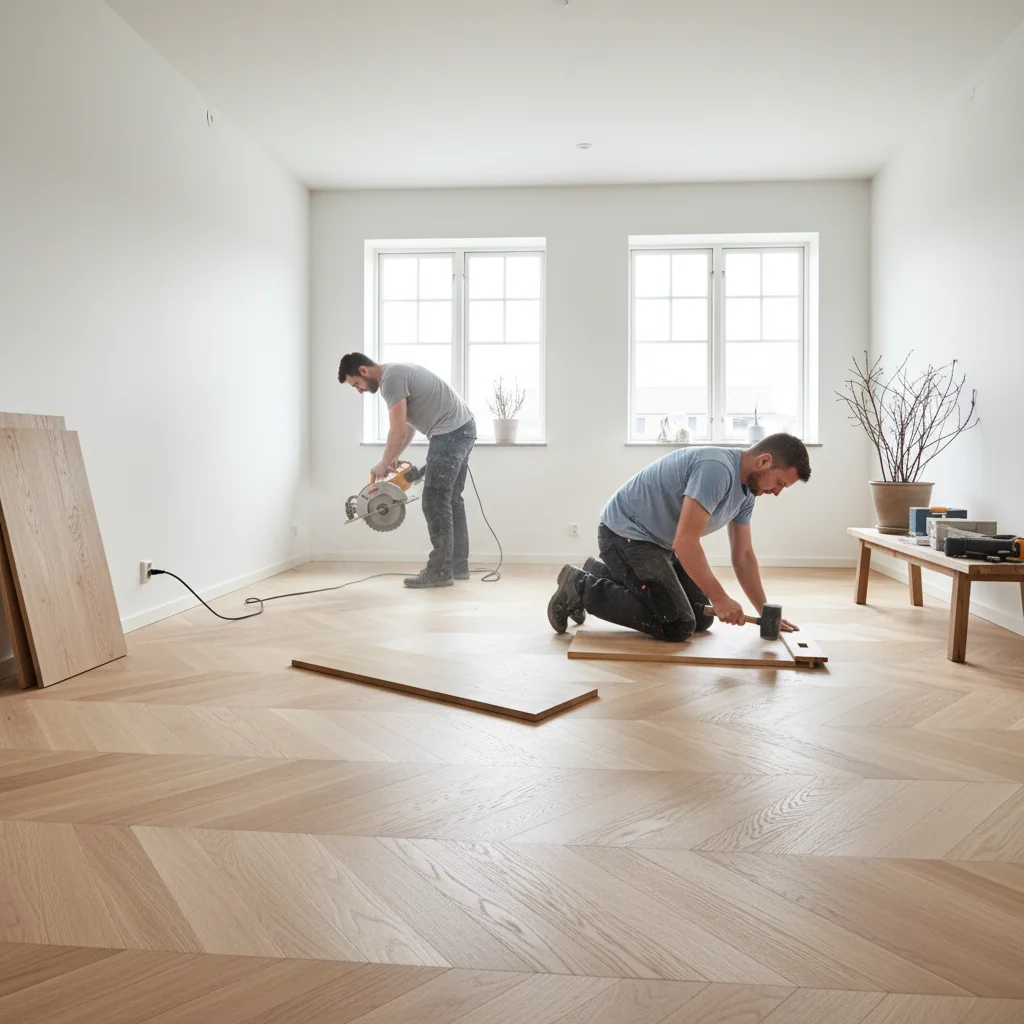Installation av parkettgolv med klicksystem i skandinaviskt hem