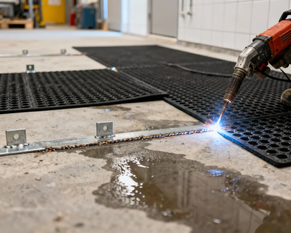 Professionell svetsning av våtrumsmatta-skarv med värmepistoler