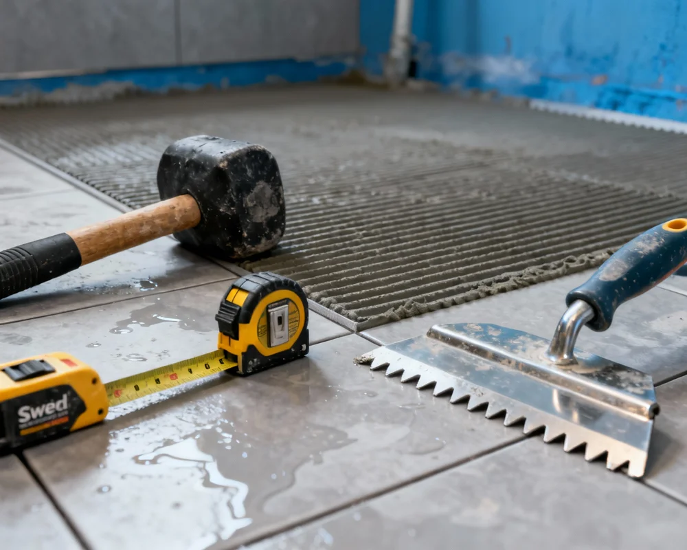 Verktyg för installation av våtrumsmatta: svetsmaskin, kniv, roller och primer