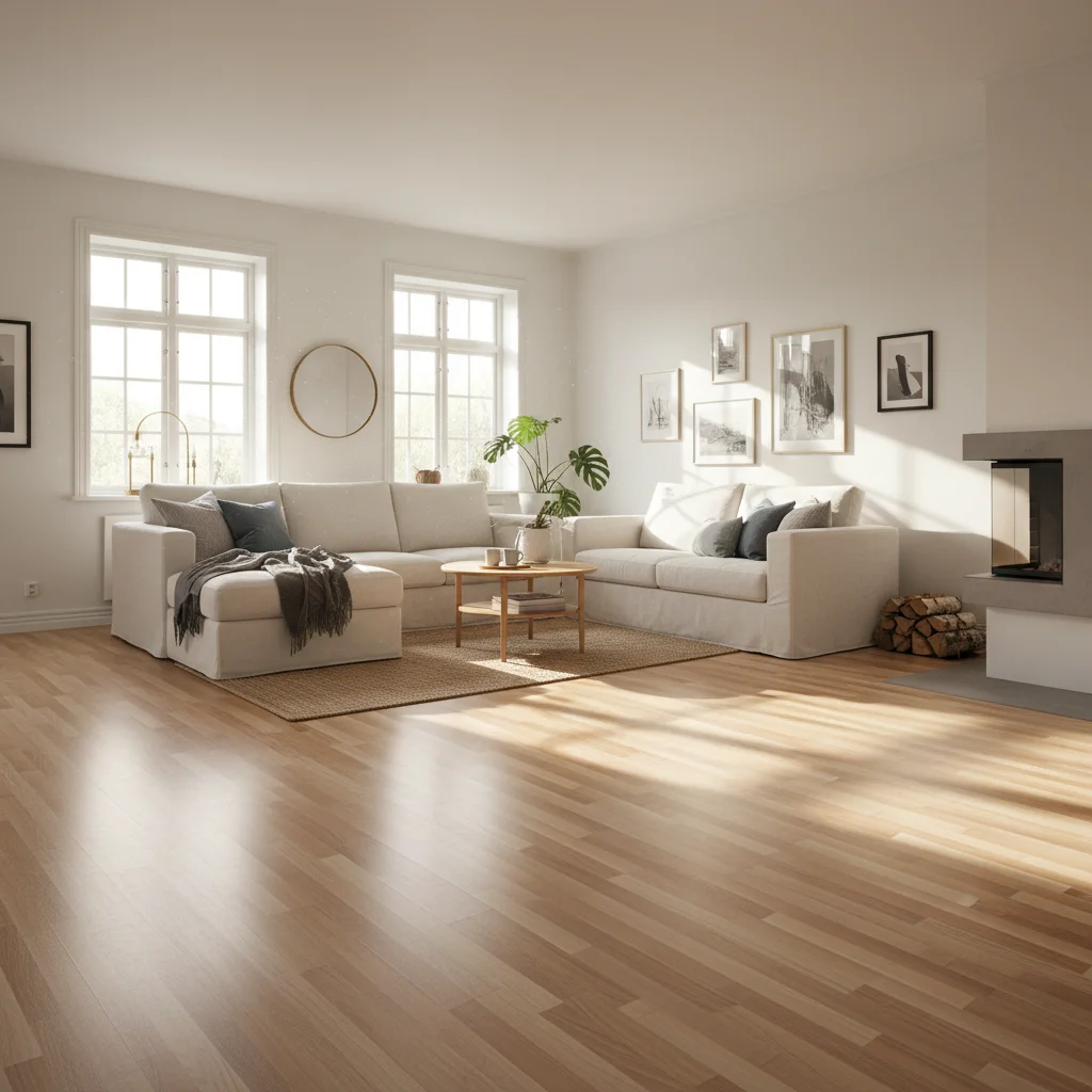 Laminat 3-stav i vardagsrum med klassiskt parkettmönster