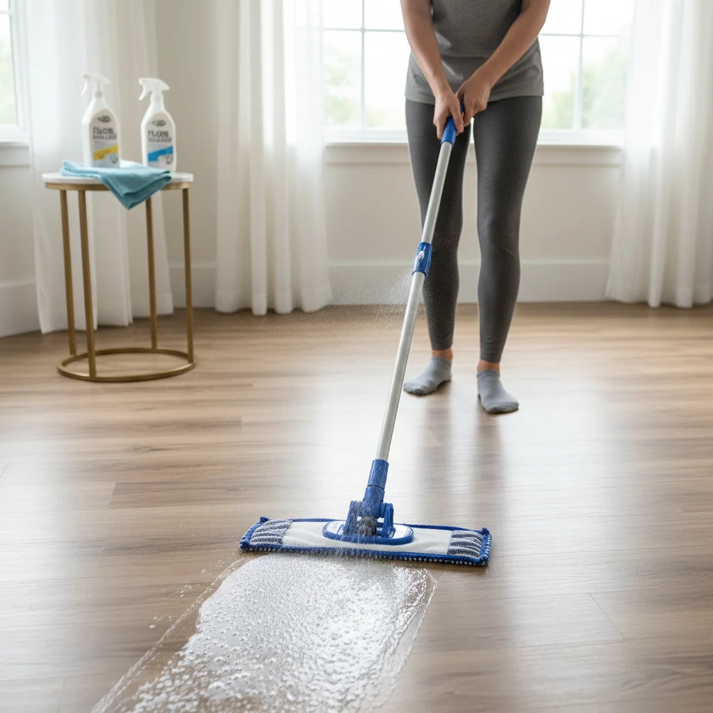 Rengöring av laminatgolv med mikrofiber­mopp och rätt rengöringsmedel