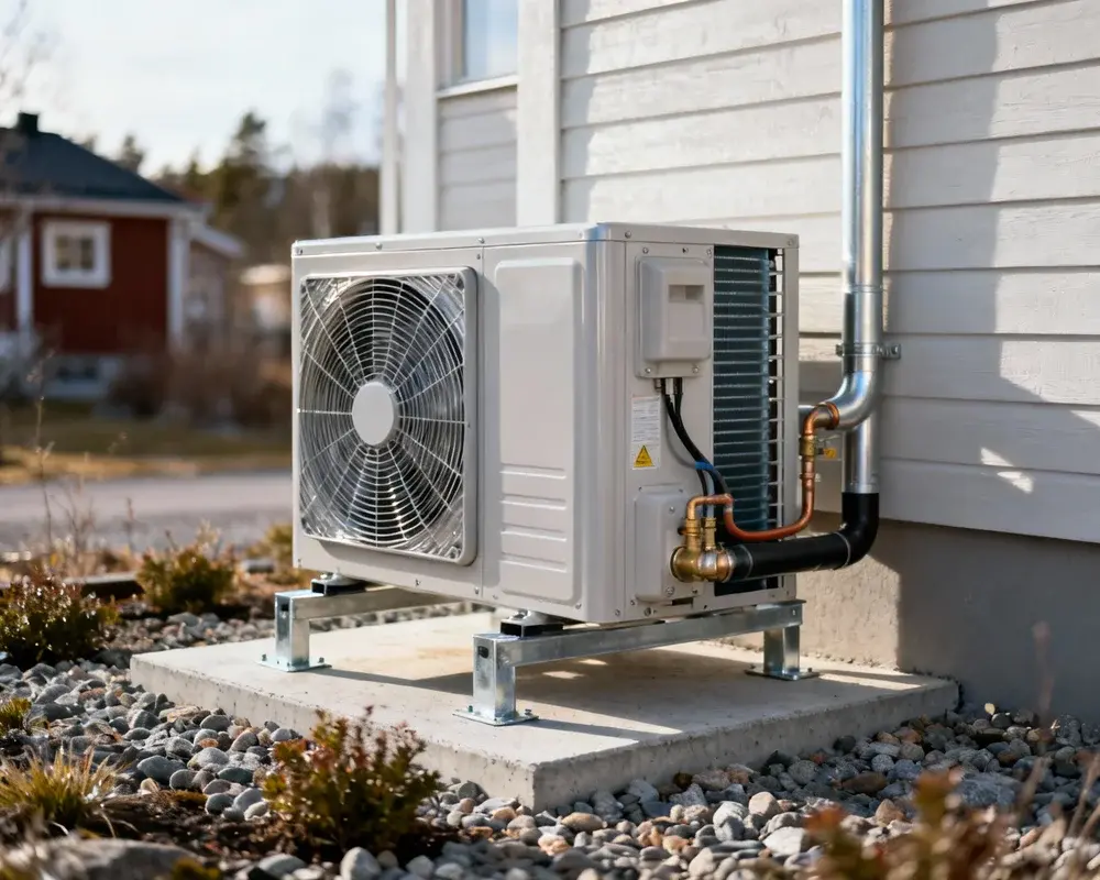 Luft-vatten värmepump installerad på villafasad