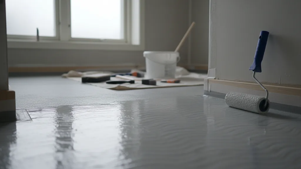 Närbild på en hink med våtrumsfärg och en roller redo för applicering på en våtrumsmatta.