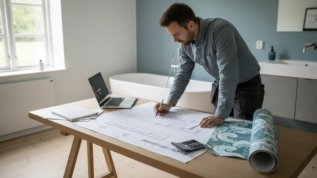 En målare applicerar grundfärg jämnt över en våtrumsmatta i ett badrum.