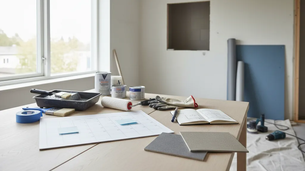 Två lager av ljusgrå våtrumsfärg applicerade på en badrumsvåtrumsmatta.