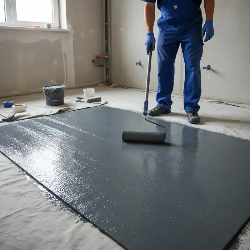 Färdigmålad våtrumsmatta i ett stilrent badrum, med en nyinstallerad duschhörna.