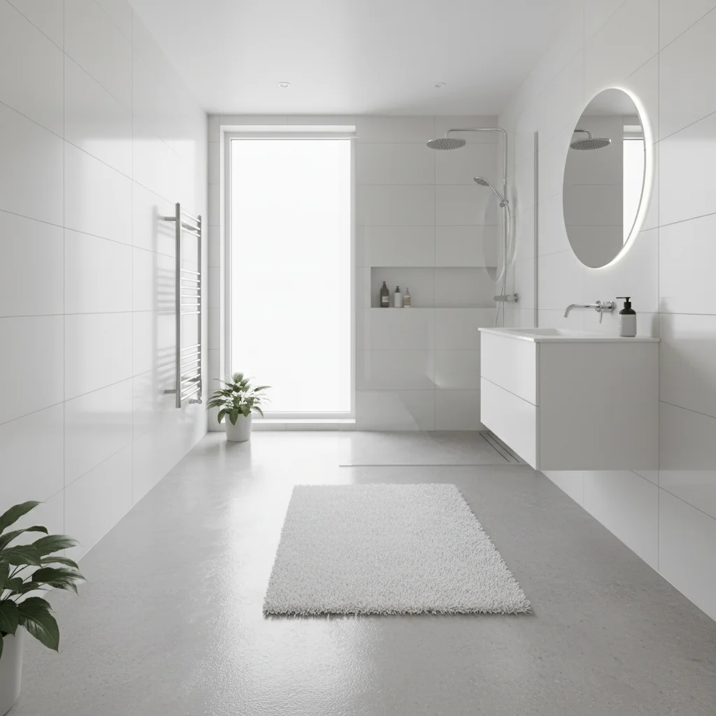 En målare från Totalbyggarna diskuterar projekt med en kund framför en våtrumsmatta.