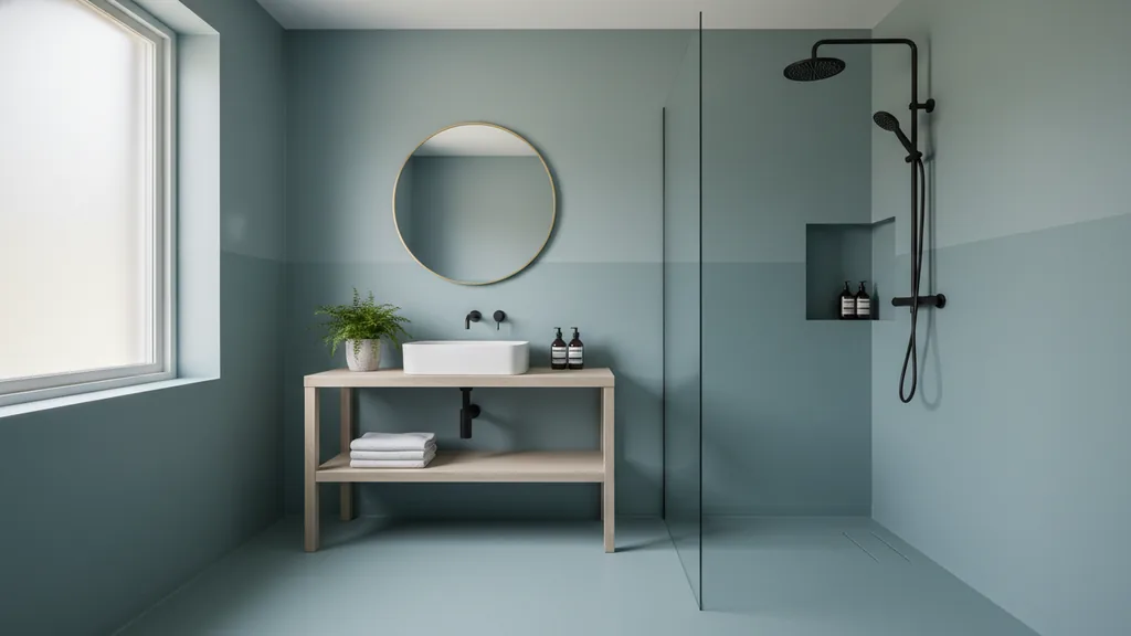 En person målar en våtrumsmatta i ett modernt badrum med ljusa färger.