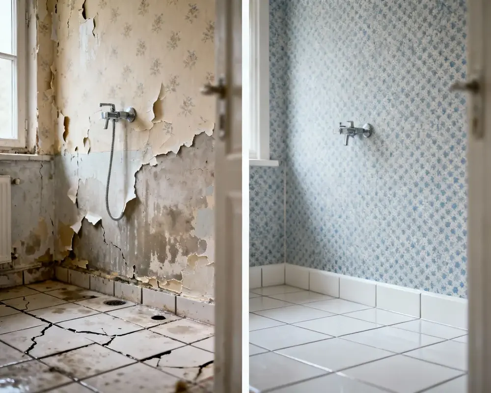 Före och efter målning av våtrumstapet