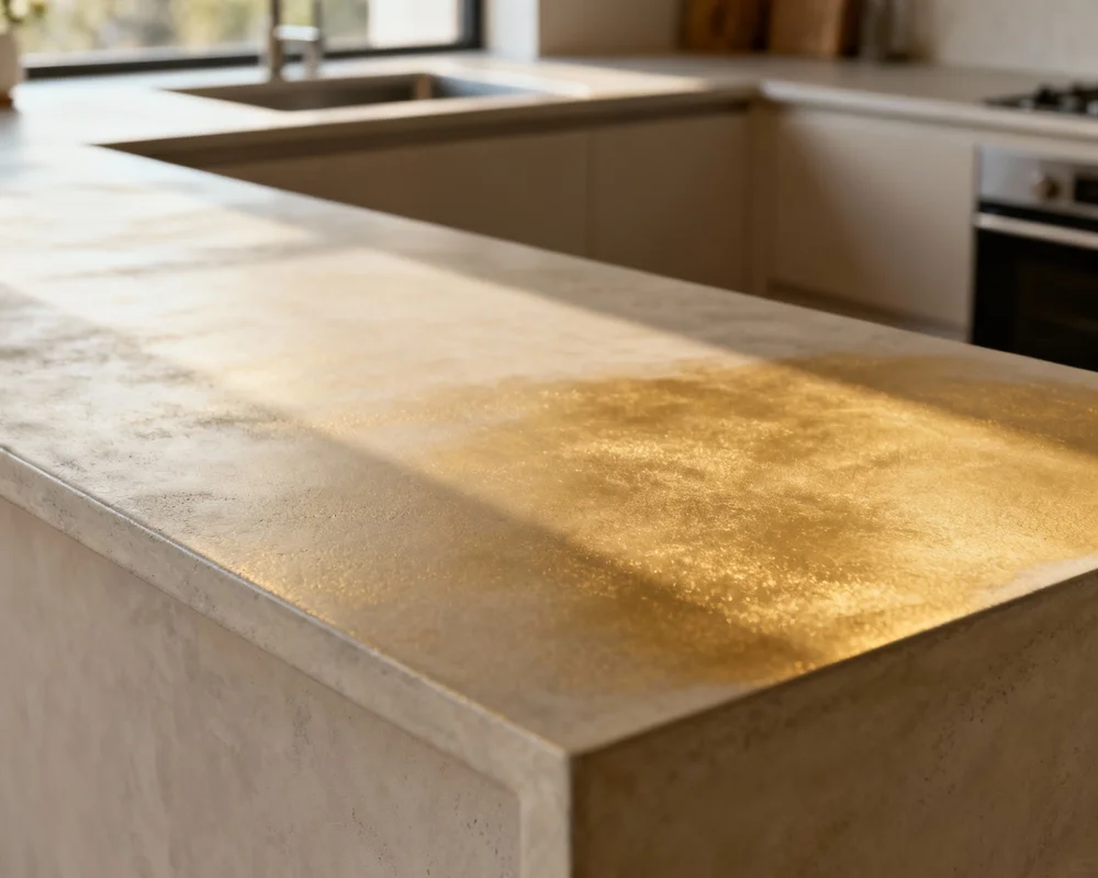 Modern köksbänkskiva i ljusgrå microcement