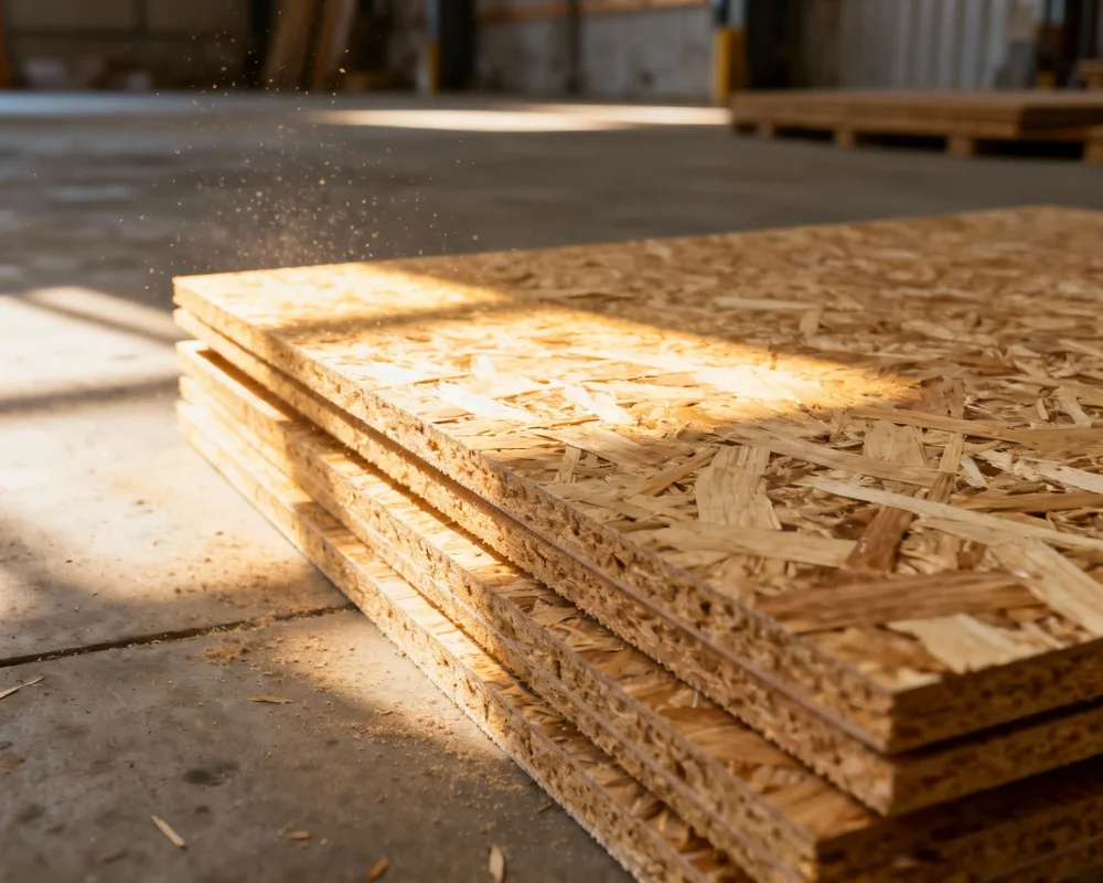Stapel med OSB-skivor som visar träflisstrukturen