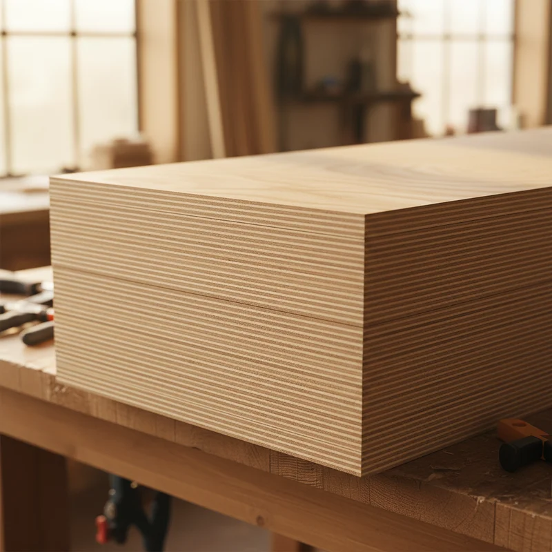Stapel med björkplywood som visar lagren och ytan
