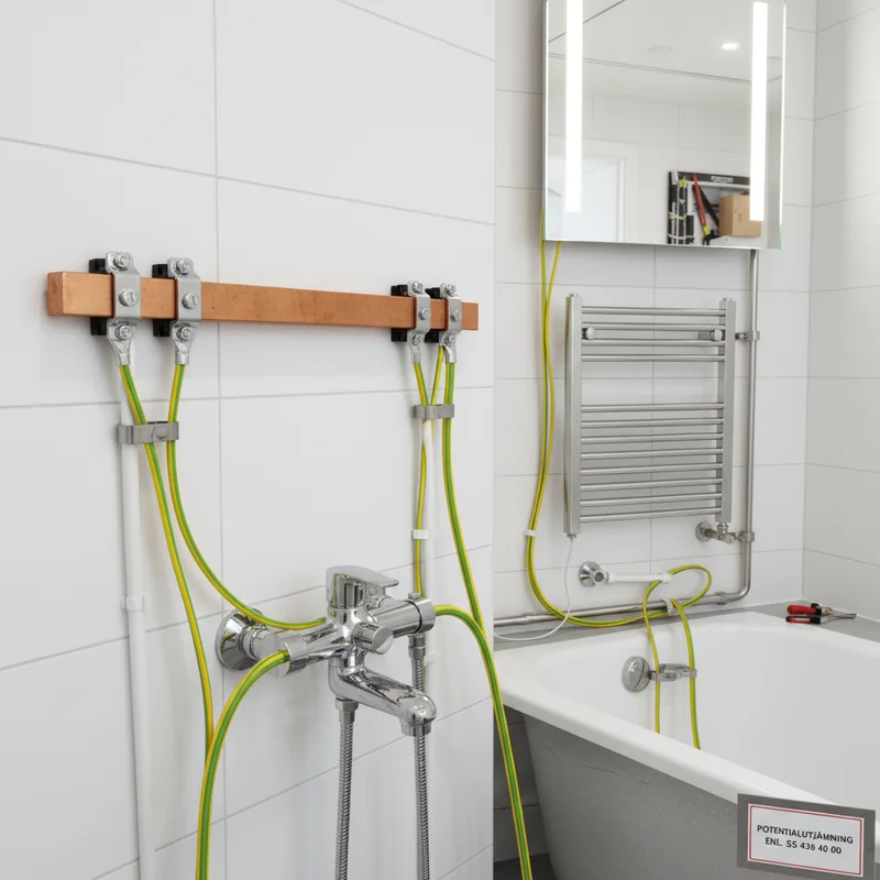 Potentialutjämning i badrum med gul-gröna skyddsledare