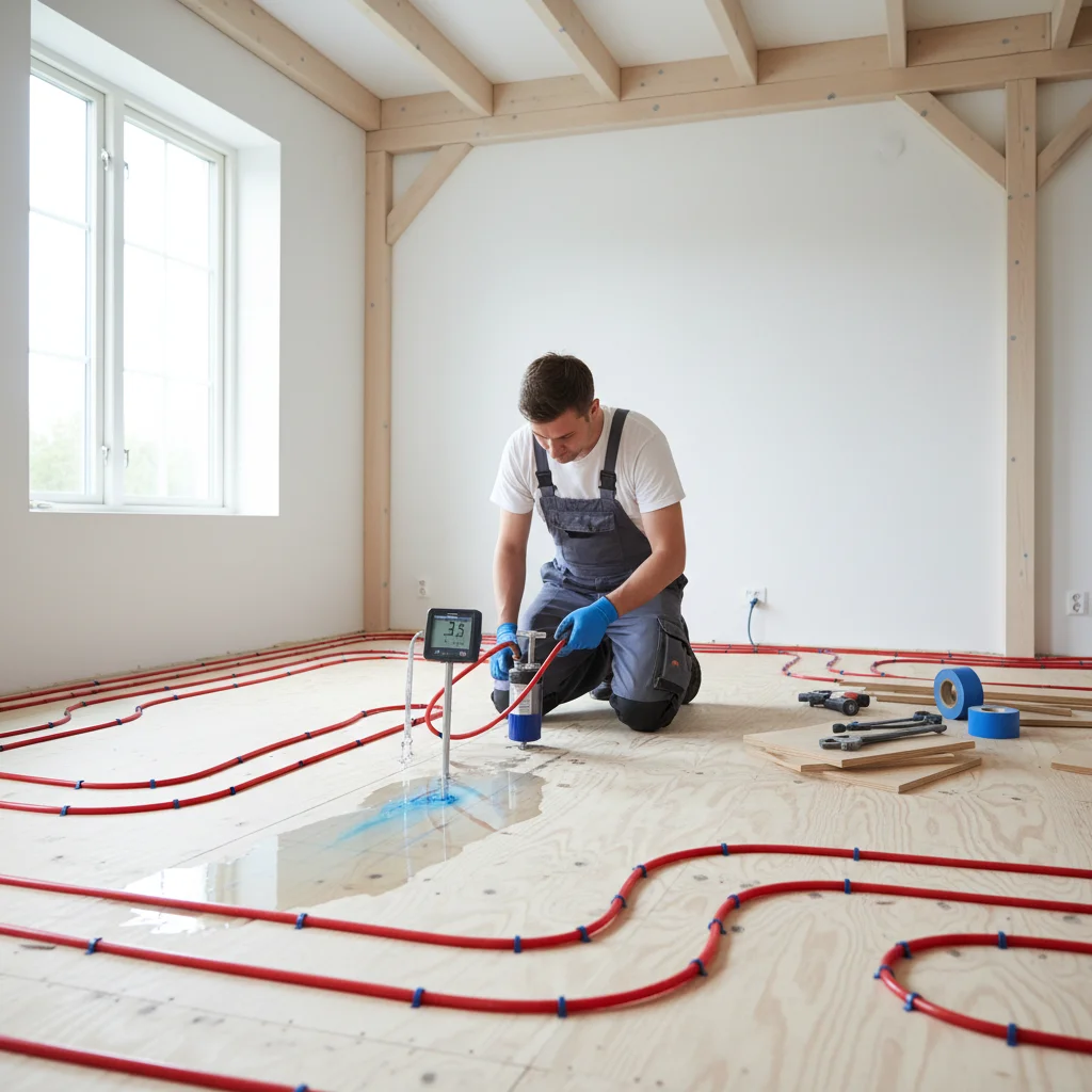 Provtryckningsutrustning ansluten till golvvärmefördelare