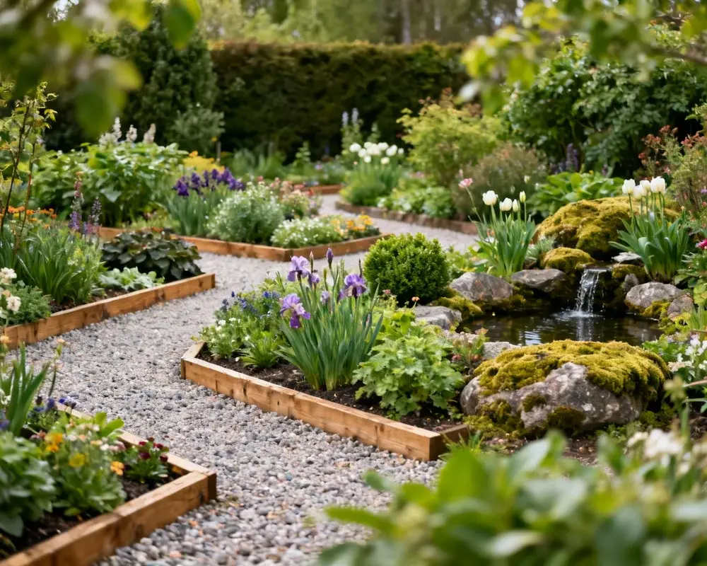 Vackra blomrabatter i trädgård
