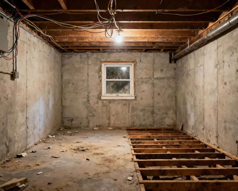 Gammal fuktig källare med synliga problem före renovering