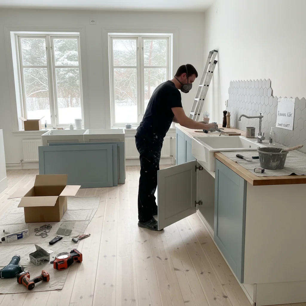 Verktyg för DIY köksrenovering - skruvdragare, borr, mätband och vattenpass