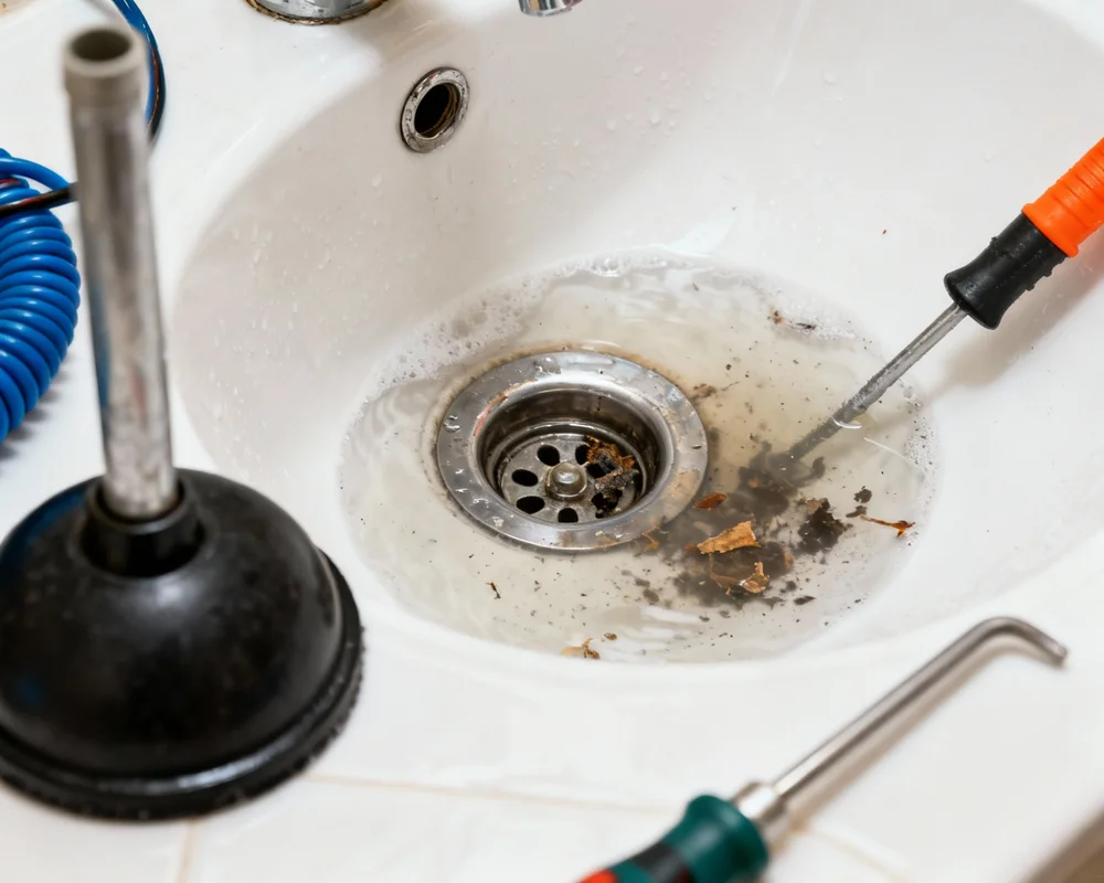 Rensning av avlopp i handfat med avloppsrensare