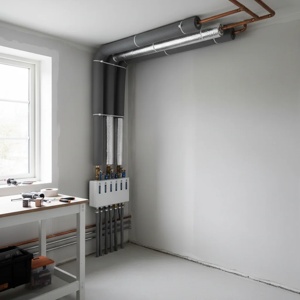 Installation av rörisolering på kopparrör i källare