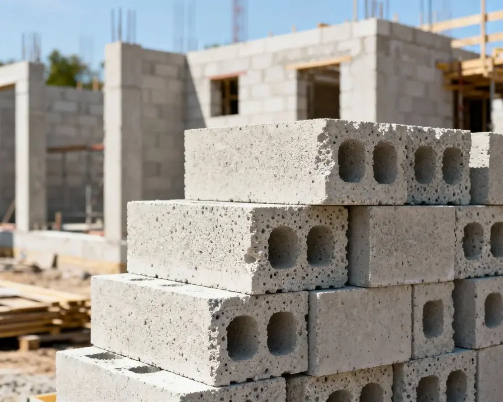 Staplade Siporex lättbetongblock på byggarbetsplats