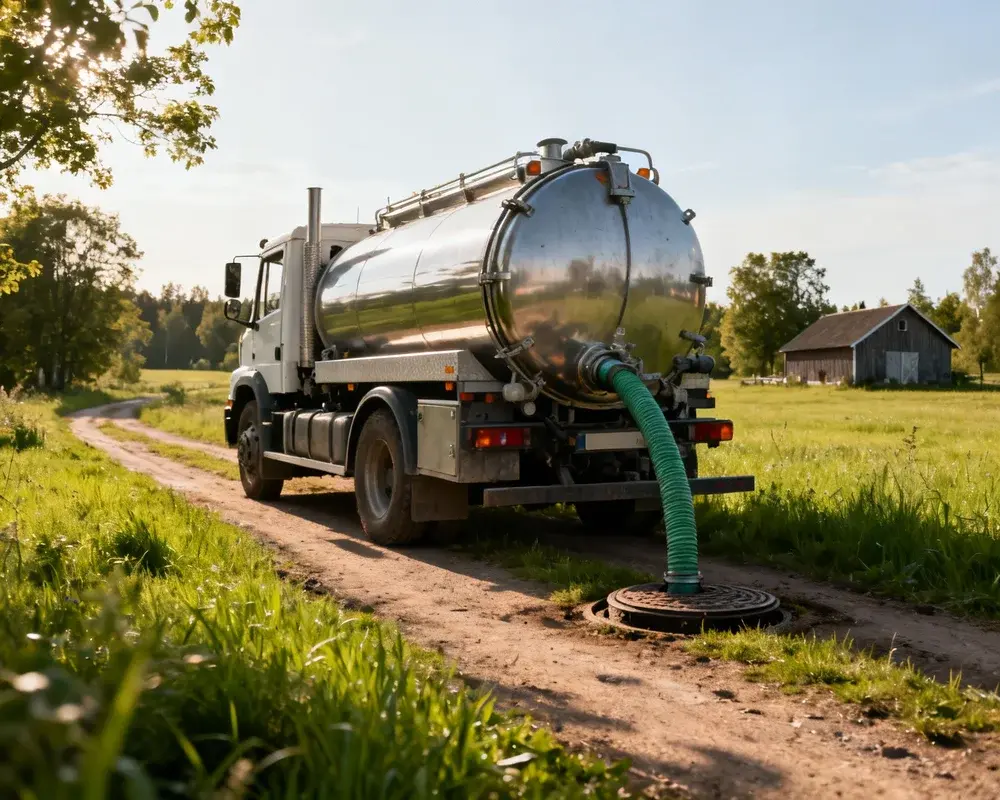 Slamsugningsbil tömmer septiktank vid villa