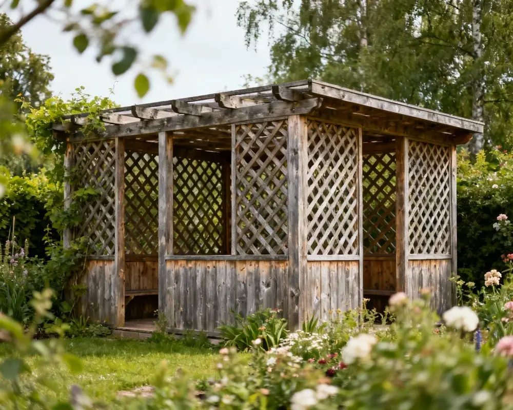 Spaljé med klätterväxter i trädgård