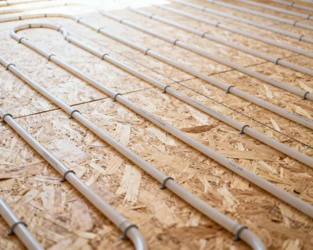 Spånskiva installerad över golvvärme