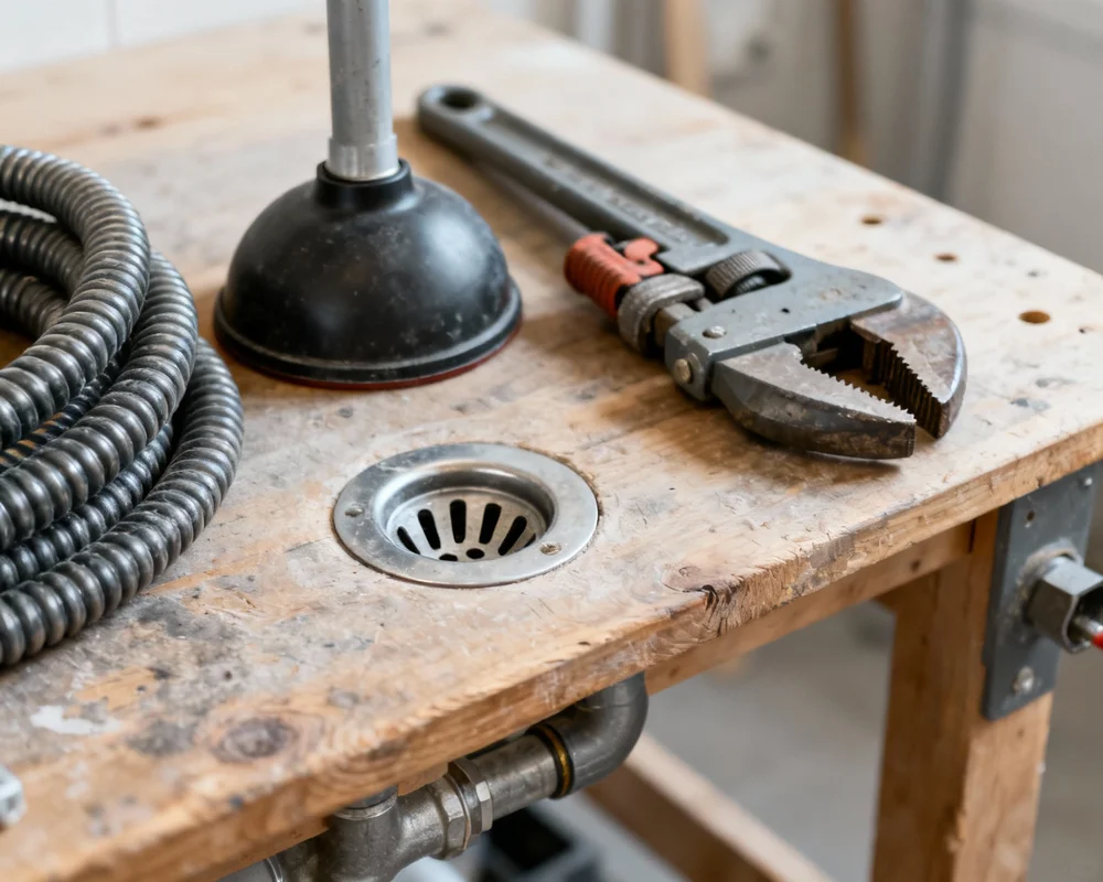 Verktyg för avloppsrensning: vaskrensare, rensvajer, bikarbonat och ättika