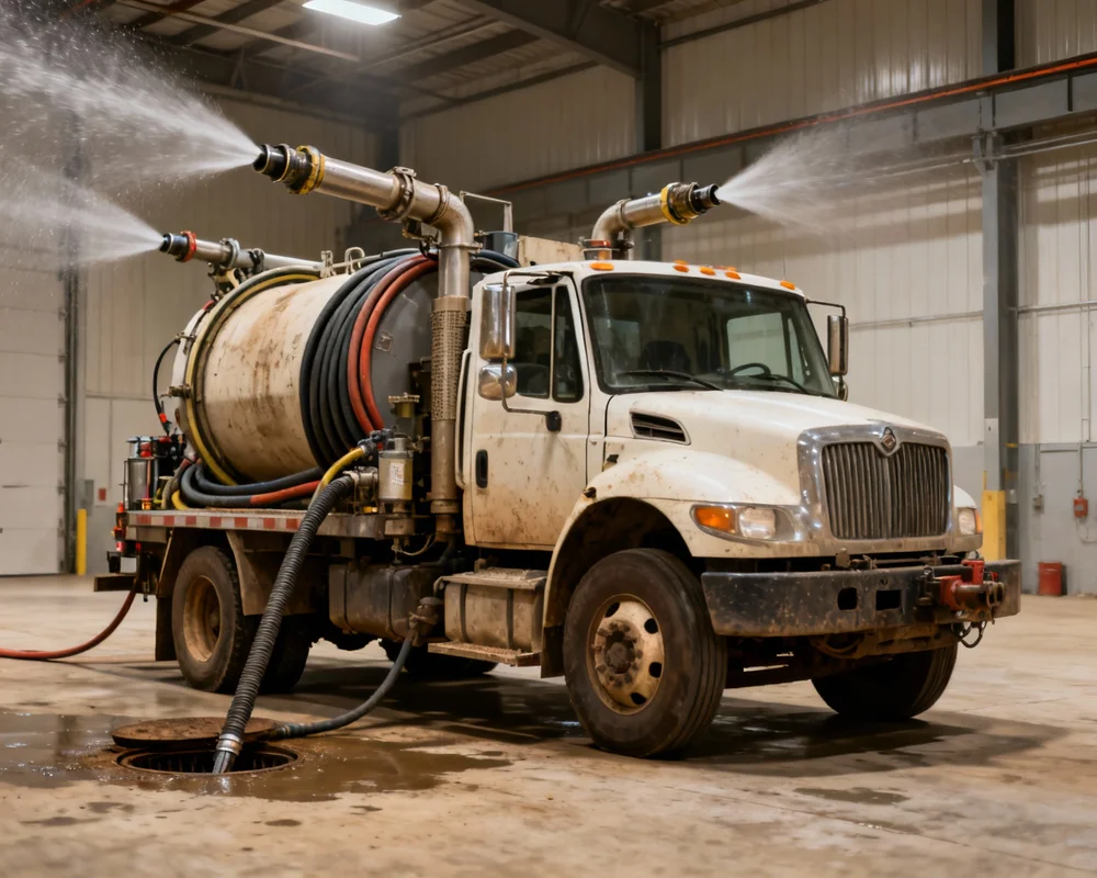 Spolbil för avloppsspolning parkerad utanför villa