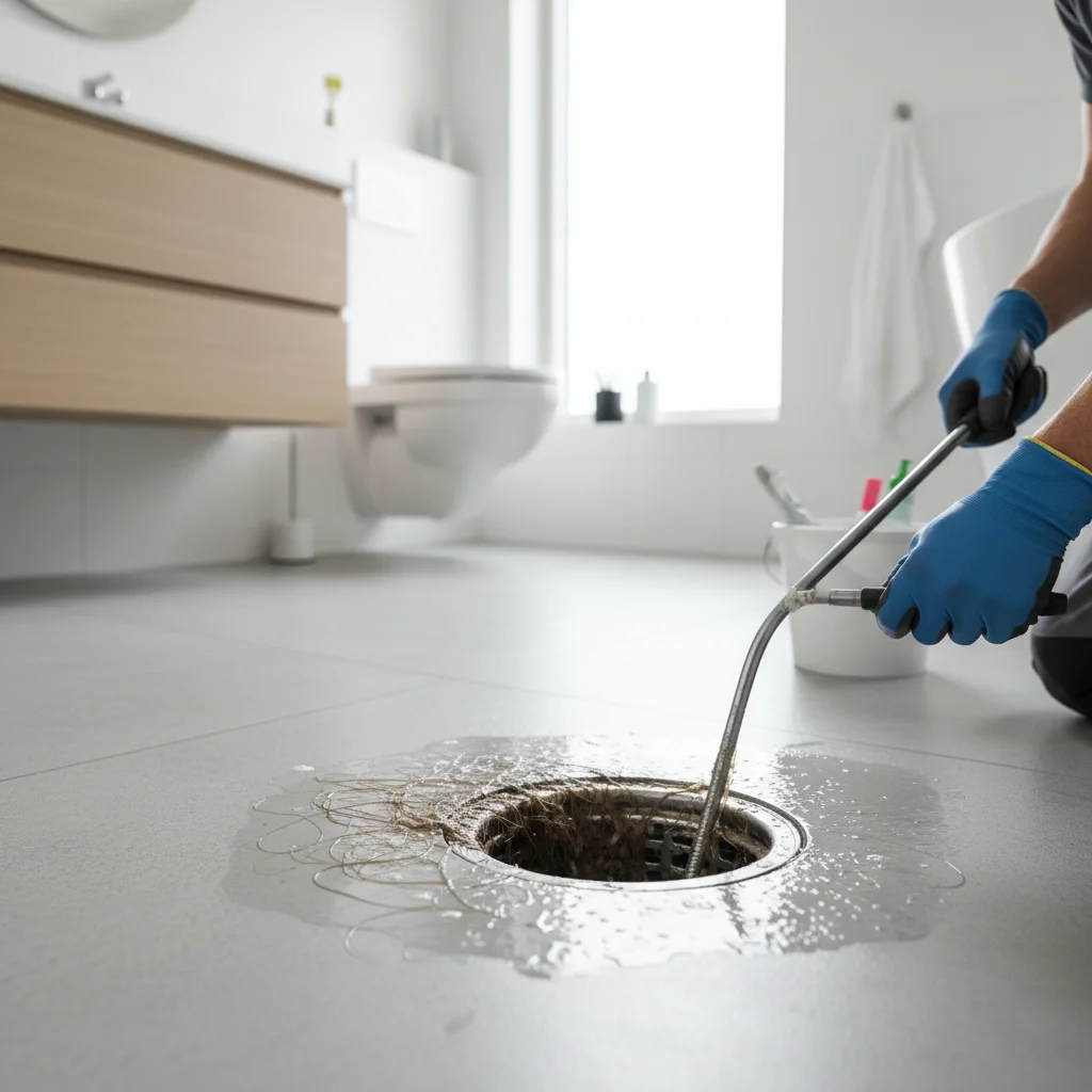 Golvbrunn i badrum med vatten som står kvar