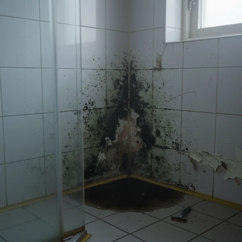 Närbild på svartmögel som växer på fogar i ett badrum