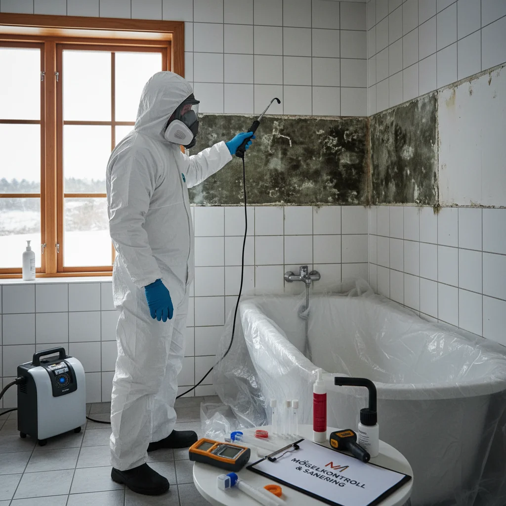 Svartmögel som växer på en silikonfog i ett badrum