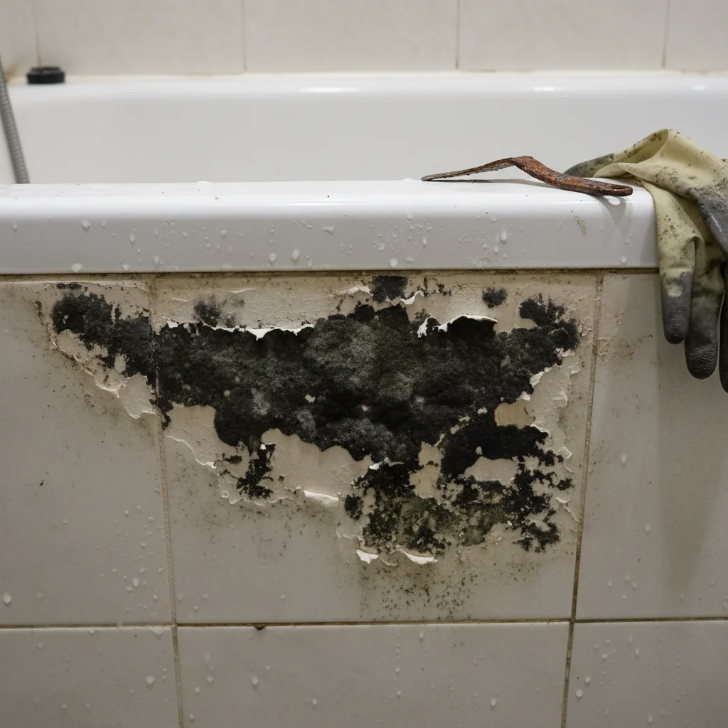 Person som rengör mögel från badrumsvägg med skyddsutrustning