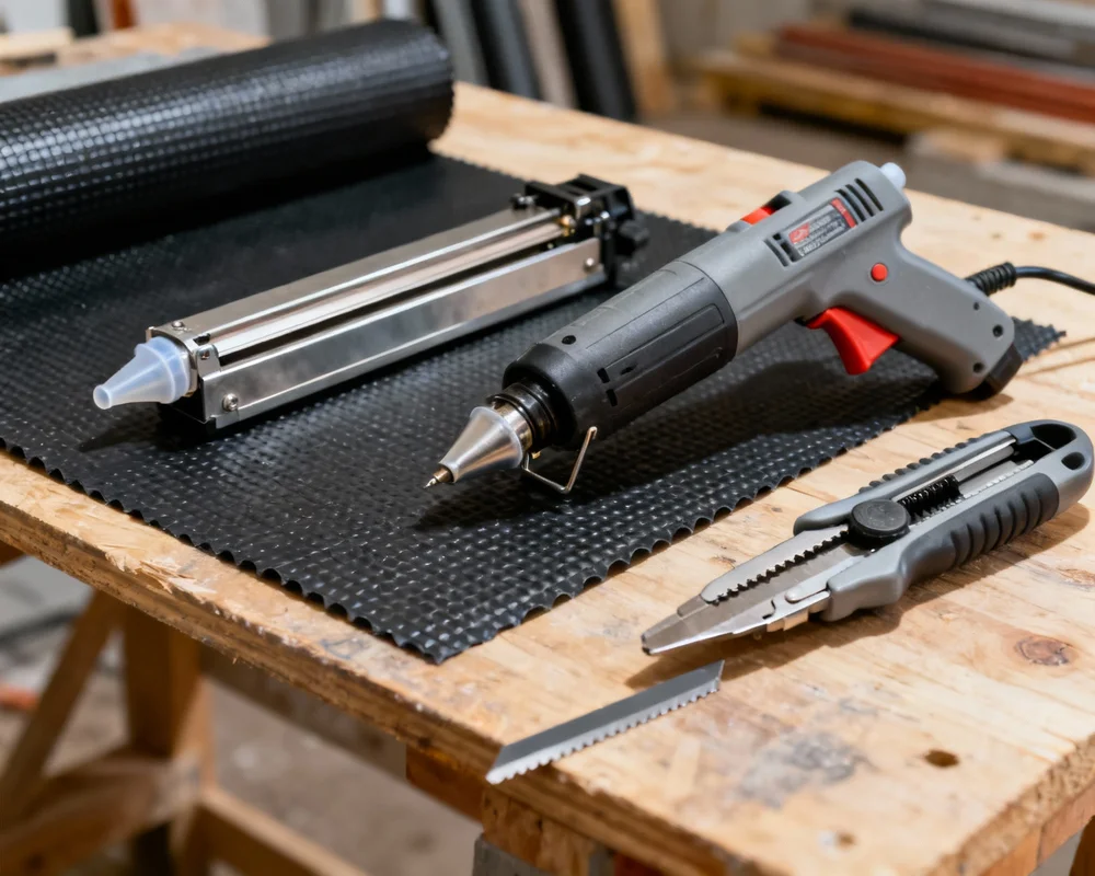 Svetsverktyg för plastmatta: varmluftspistol, svetstråd och skärverktyg