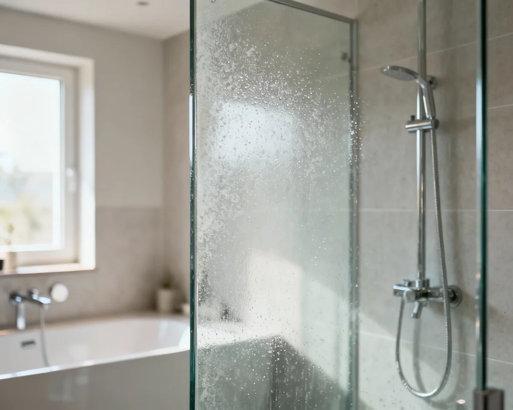 Före och efter rengöring av kalk på duschdörr