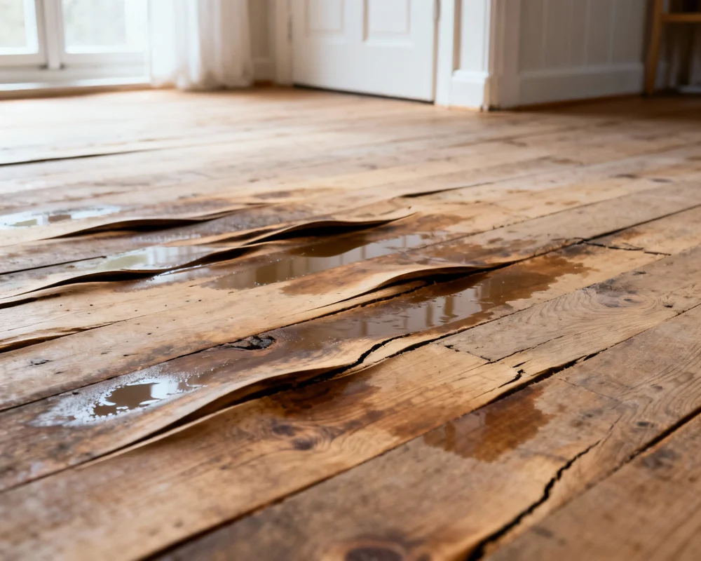 Fuktskada i golv med buktande golvbrädor