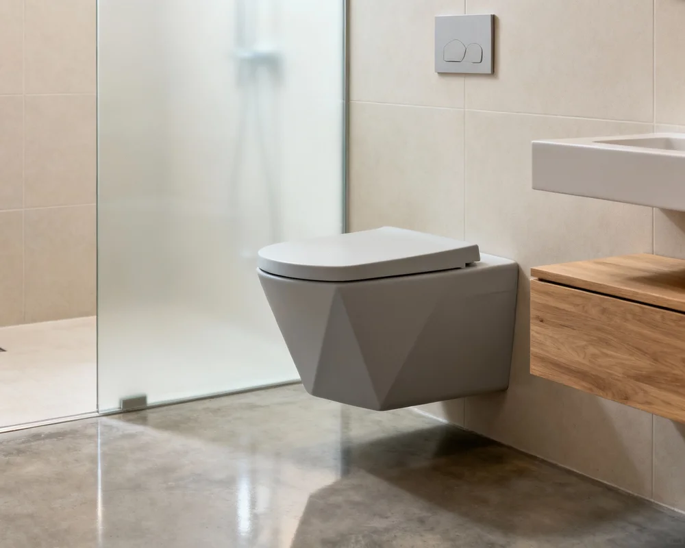 Modern matt toalettstol i skandinaviskt badrum